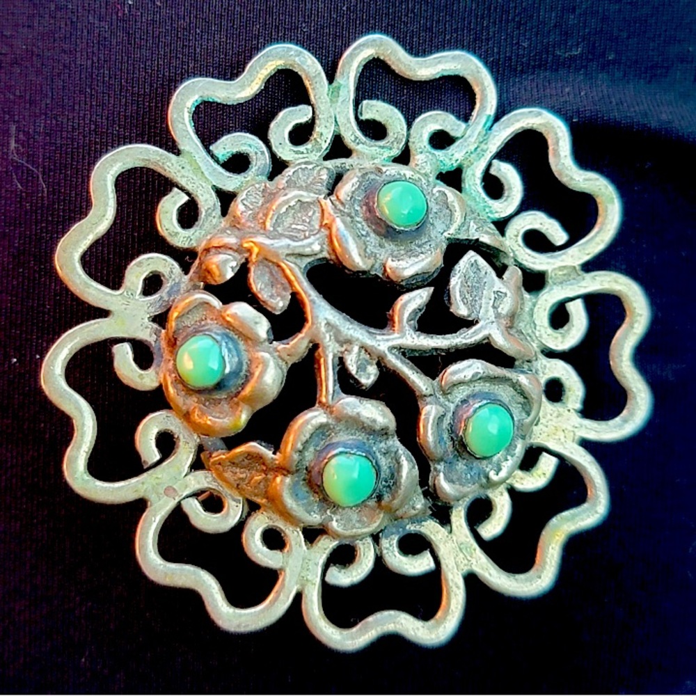 1940s-1950s Mexican Silver and Turquoise Flower Brooch Pin